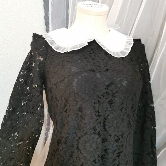 MA*RS Size Small Black Dress Jirai Kei Long Sleeve Lace Peter Pan Wednesday Goth - Picture 5 of 10